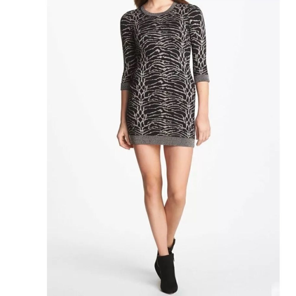 French Connection 4 Black Lt Brown Gold Metallic Knit Bambi Snow Tiger Dress